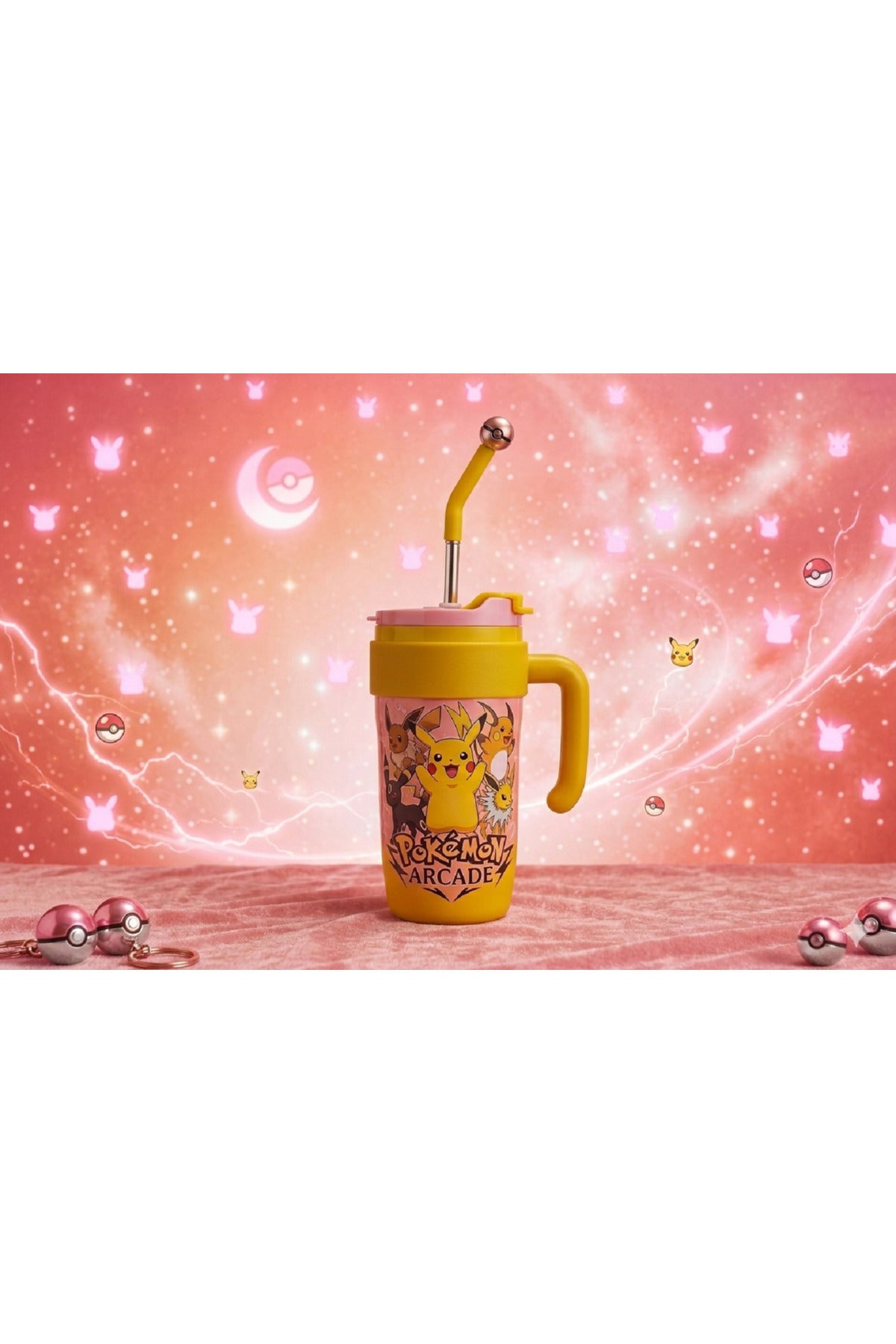 Pipetli Çelik Termos Bardak 900ml - Hello Kitty, Pikachu, Stitch Tasarımlı Sızdırmaz Mug Kupa Matara