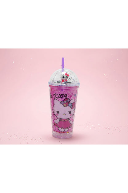 Hello Kitty Figürlü Pipetli Şeffaf Plastik Bardak – Simli Kapaklı Kawaii Tasarım İçecek Bardağı