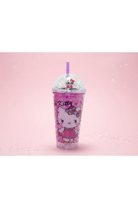 Hello Kitty Figürlü Pipetli Şeffaf Plastik Bardak – Simli Kapaklı Kawaii Tasarım İçecek Bardağı