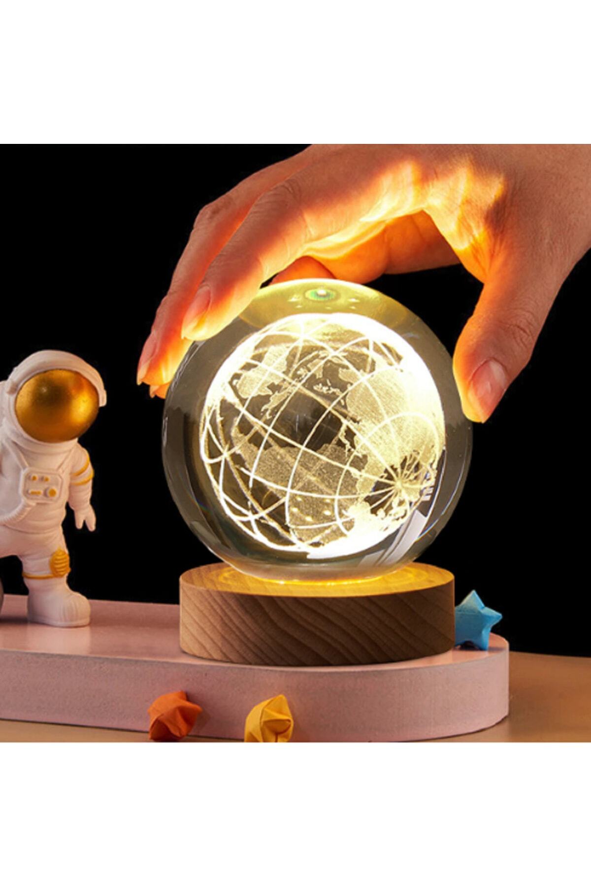 Kristal Toplu Usb Kablolu Ahşap Kaideli Dünya Küre Obje Led Işık