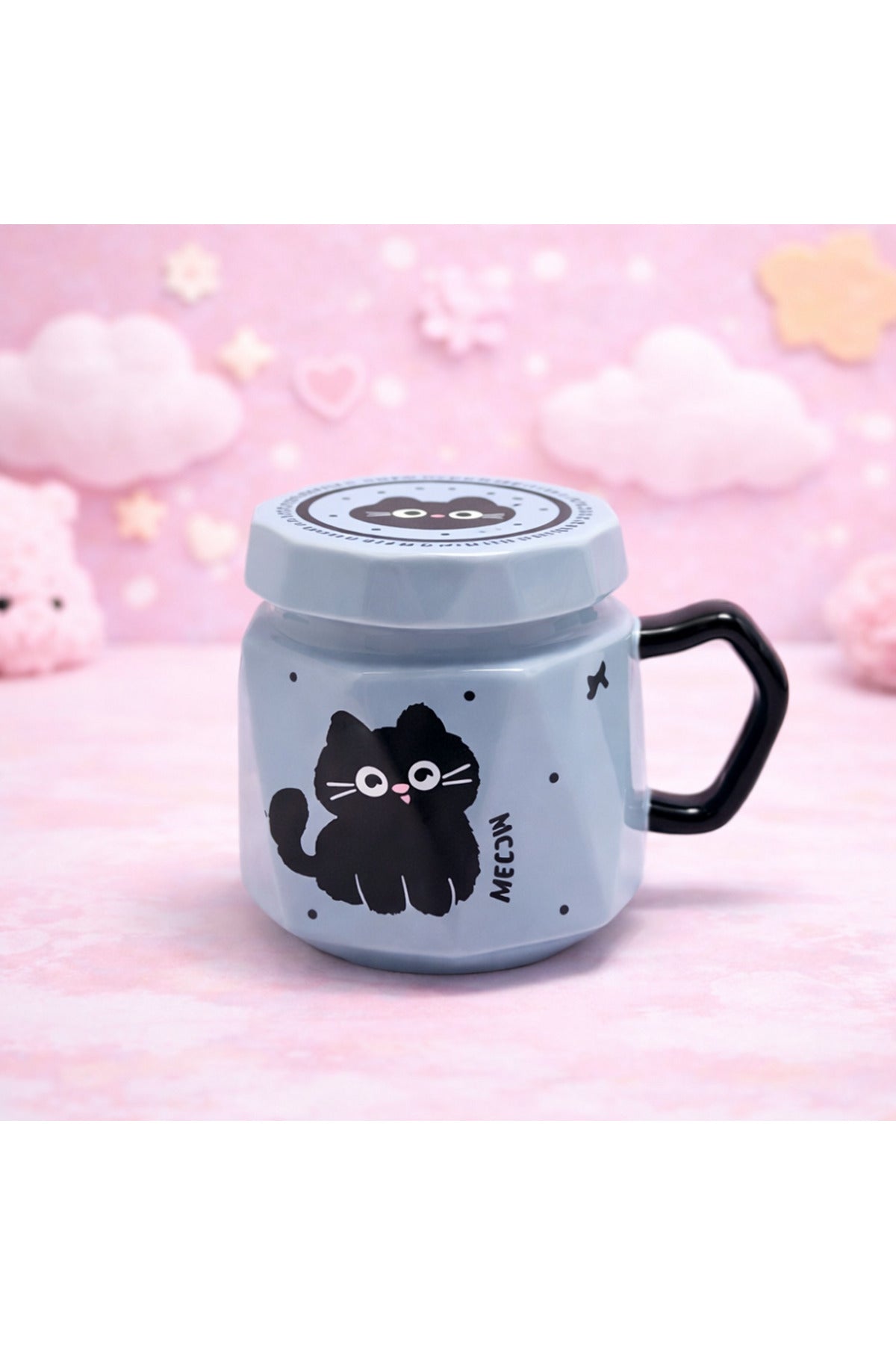 Kedi Baskılı Kapaklı Seramik Kupa Bardak Kawaii Tasarım Kahve Fincanı Hediyelik Ofis