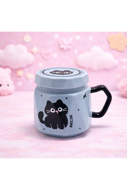 Kedi Baskılı Kapaklı Seramik Kupa Bardak Kawaii Tasarım Kahve Fincanı Hediyelik Ofis