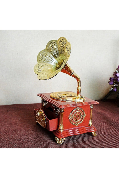 Özel Vintage Gramofon Müzik Kutusu Ve Çekmeceli Takı Aksesuar Mücevherat Kutusu