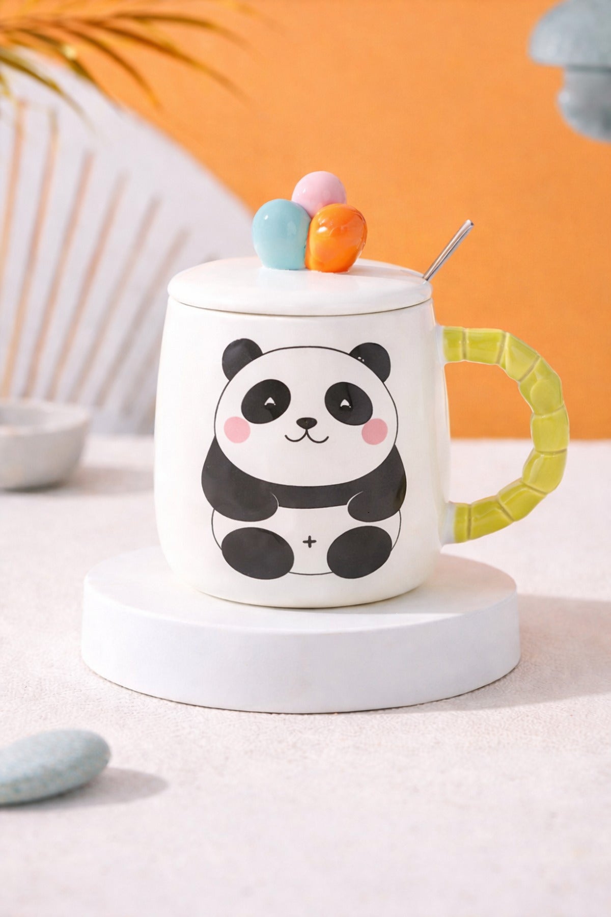 500 ML Kapaklı Kaşıklı Panda Seramik Kupa – Sevimli Tasarım Varyantlı Model