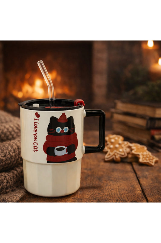 Sevimli Kedi Desenli Pipetli Kapaklı Termos Kupa Bardak – I Love You Cat Tasarımlı Taşınabilir Mug