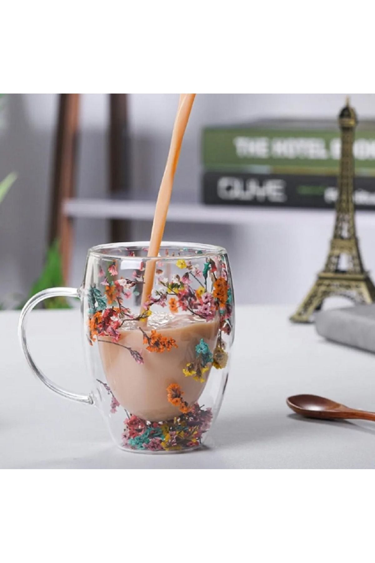 350ml Çiçekli Cam Isıya Dayanıklı Çift Katmanlı Borosilikat Ofis Kupa Kahve Fincanı