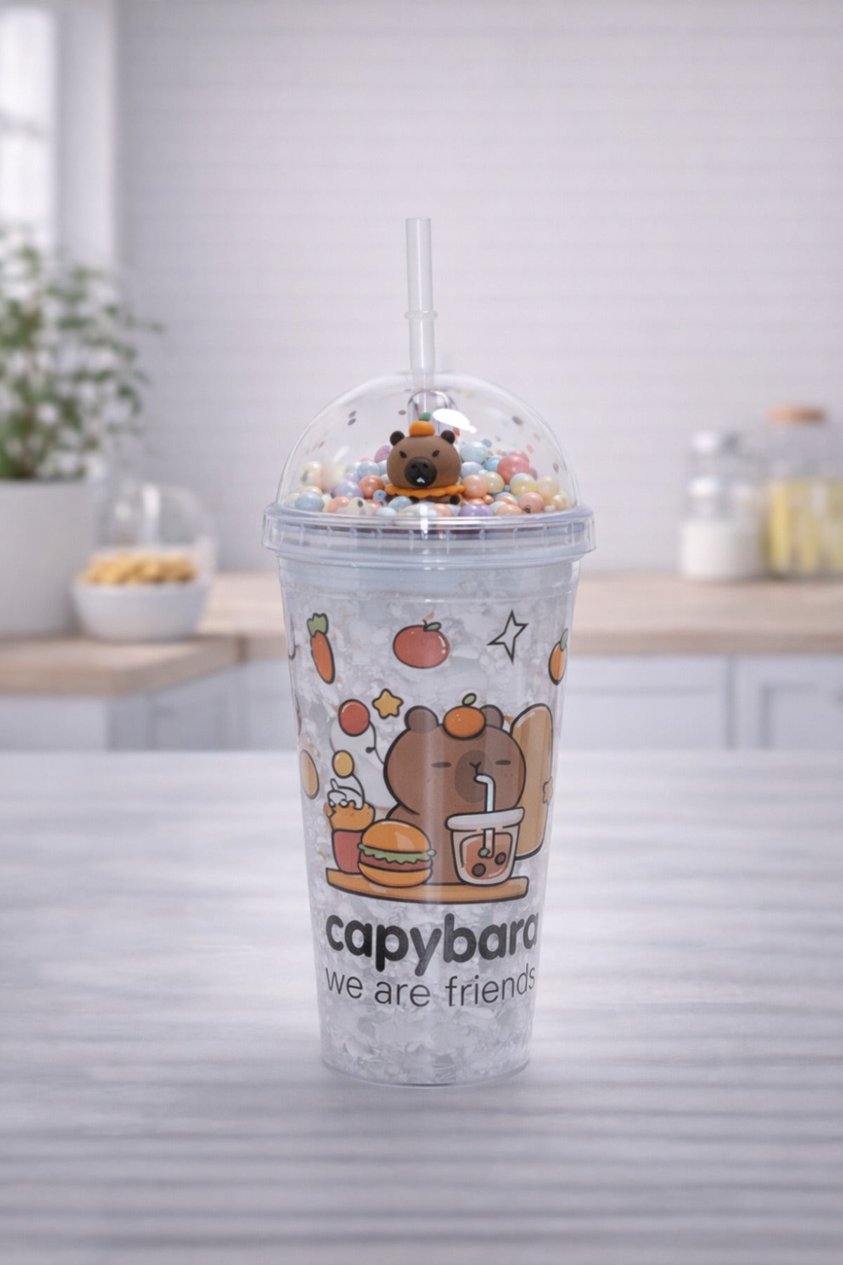 Capybara Desenli Pipetli Soğuk İçecek Bardağı Şeffaf Kapaklı Straw Cup Sevimli Tumbler Bardak