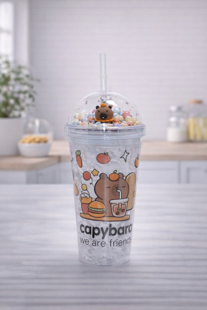 Capybara Desenli Pipetli Soğuk İçecek Bardağı Şeffaf Kapaklı Straw Cup Sevimli Tumbler Bardak