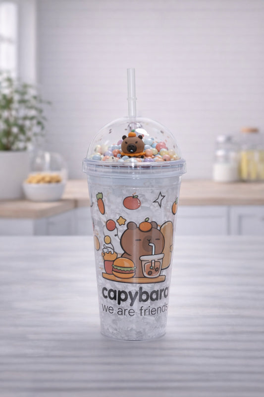 Capybara Desenli Pipetli Soğuk İçecek Bardağı Şeffaf Kapaklı Straw Cup Sevimli Tumbler Bardak