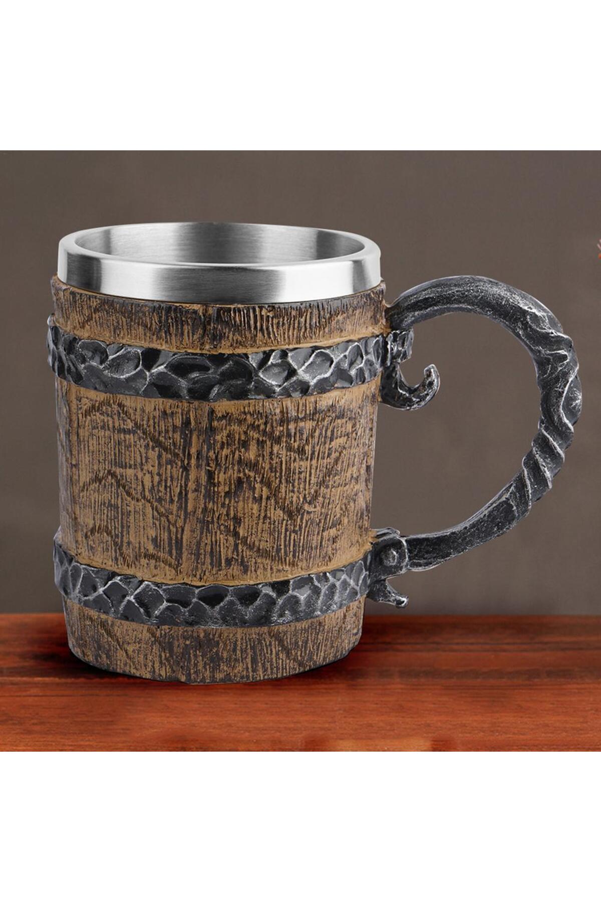Viking Ahşap Tarzı Vintage 450ml Kabartmalı Kupa Bardak
