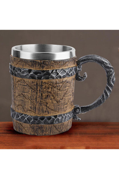 Viking Ahşap Tarzı Vintage 450ml Kabartmalı Kupa Bardak