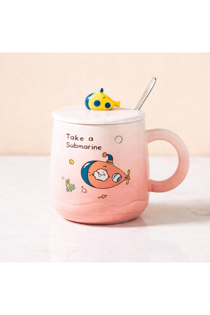 500 ML Denizaltı Tasarımlı Kapaklı Seramik Kupa – Kaşıklı Sevimli Submarine Mug