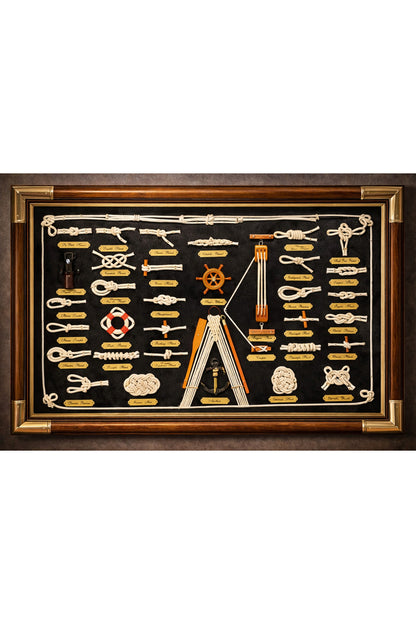El Yapımı Denizcilik Düğümleri Tablosu – Ahşap Çerçeveli Nautical Dekoratif Duvar Panosu (73×43 cm)