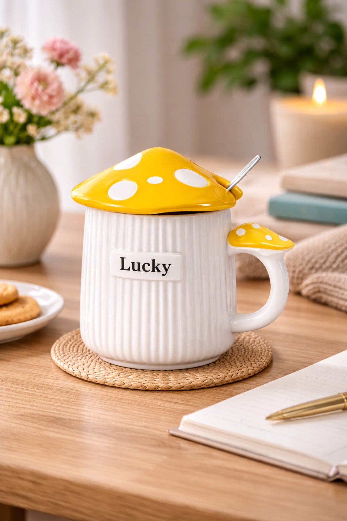 500ml Lucky Mantar Tasarımlı Kapaklı Seramik Kupa – Kaşıklı Mavi Dekoratif Kahve Kupası