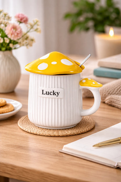 500ml Lucky Mantar Tasarımlı Kapaklı Seramik Kupa – Kaşıklı Mavi Dekoratif Kahve Kupası