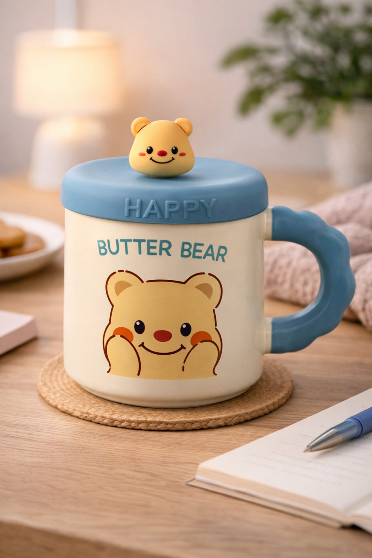 500 ML Kapaklı Kaşıklı Butter Bear Seramik Kupa – Sevimli Ayıcık Tasarım