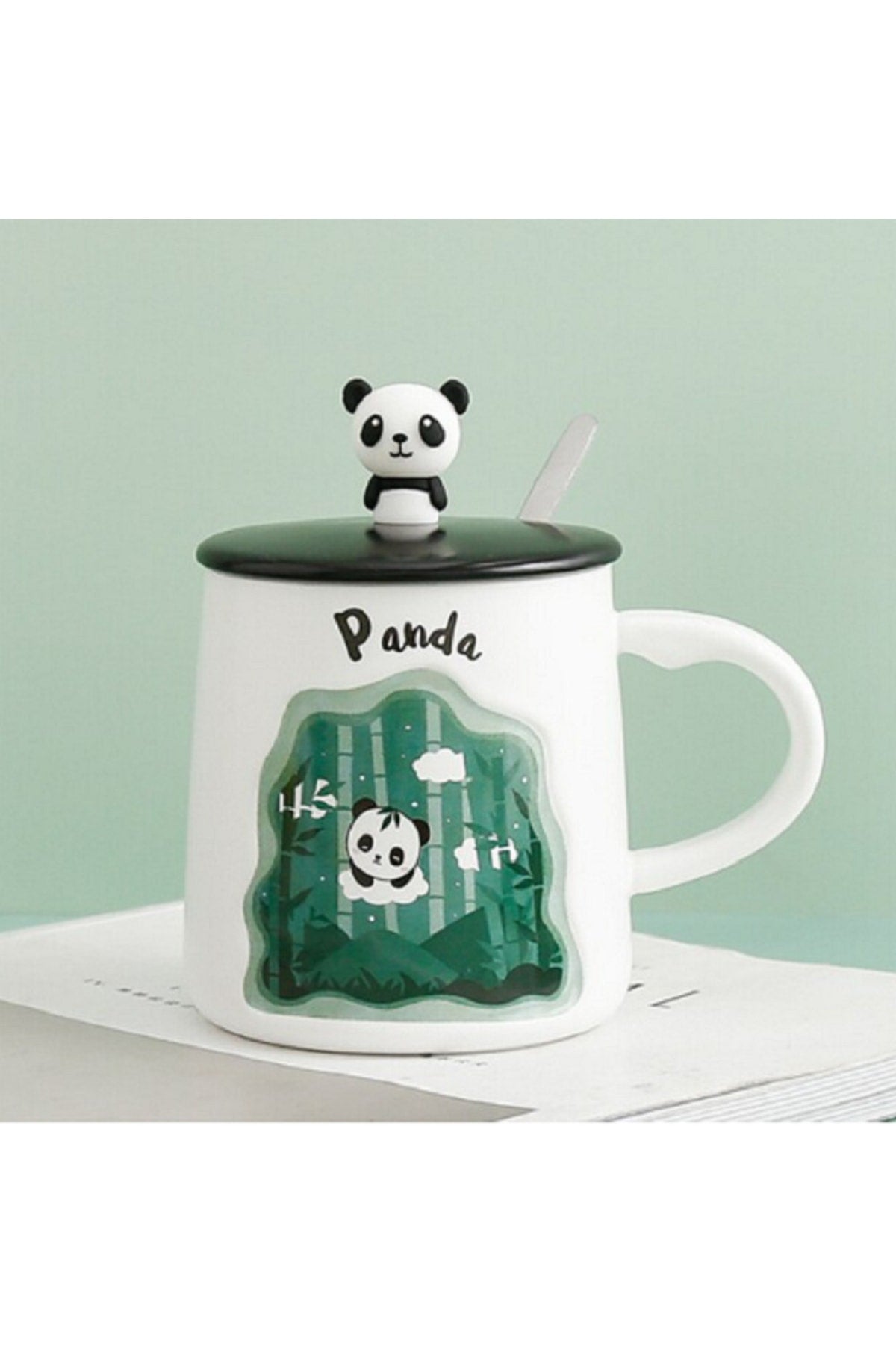 400ml Sevimli Panda Kapaklı Kaşıklı Kupa Bardak