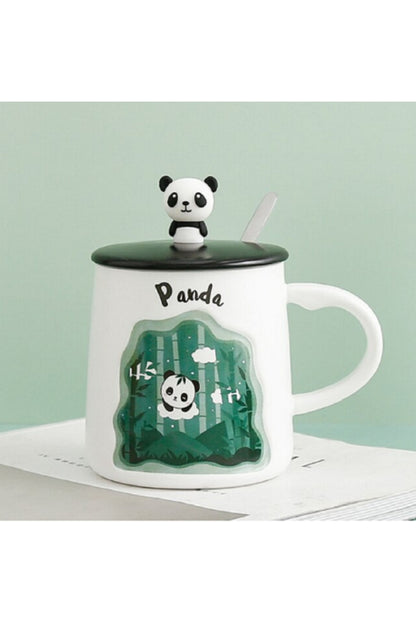400ml Sevimli Panda Kapaklı Kaşıklı Kupa Bardak