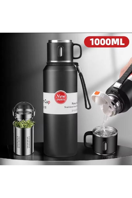 1000ml Vakumlu Bardaklı Paslanmaz Çelik Termos