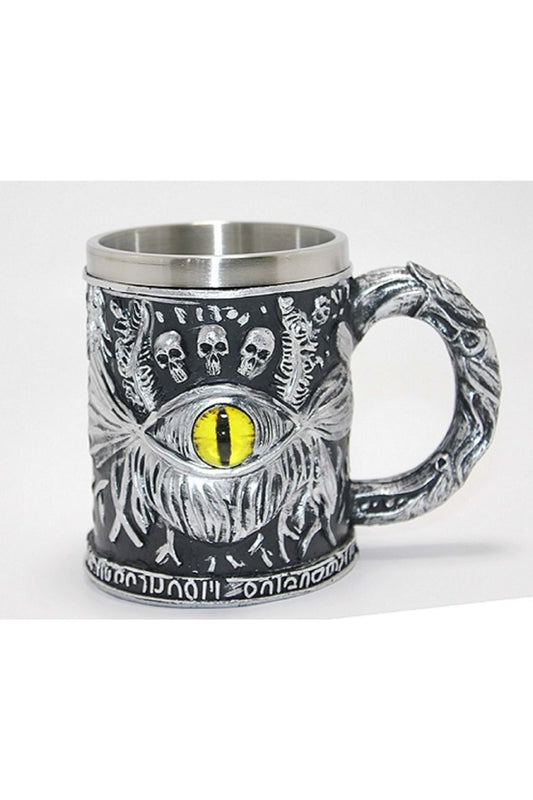 Fantastik Göz ve Kurukafa Figürlü 3D Kabartmalı Fantasy Kupa Bardak Metal İç Hazneli Dekoratif Mug