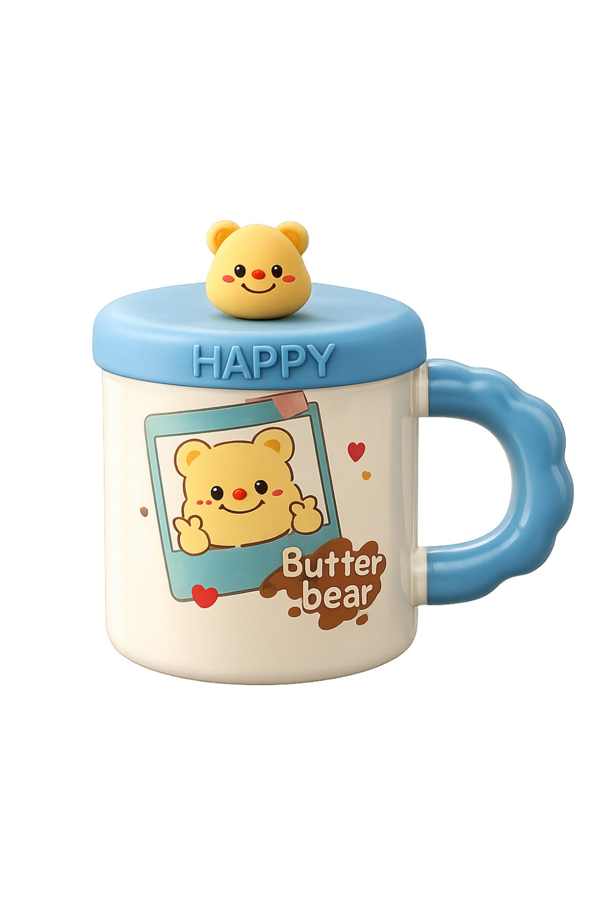 500 ML Kapaklı Kaşıklı Butter Bear Seramik Kupa – Sevimli Ayıcık Tasarım