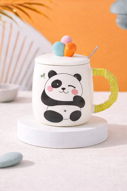 500 ML Kapaklı Kaşıklı Panda Seramik Kupa – Sevimli Tasarım Varyantlı Model
