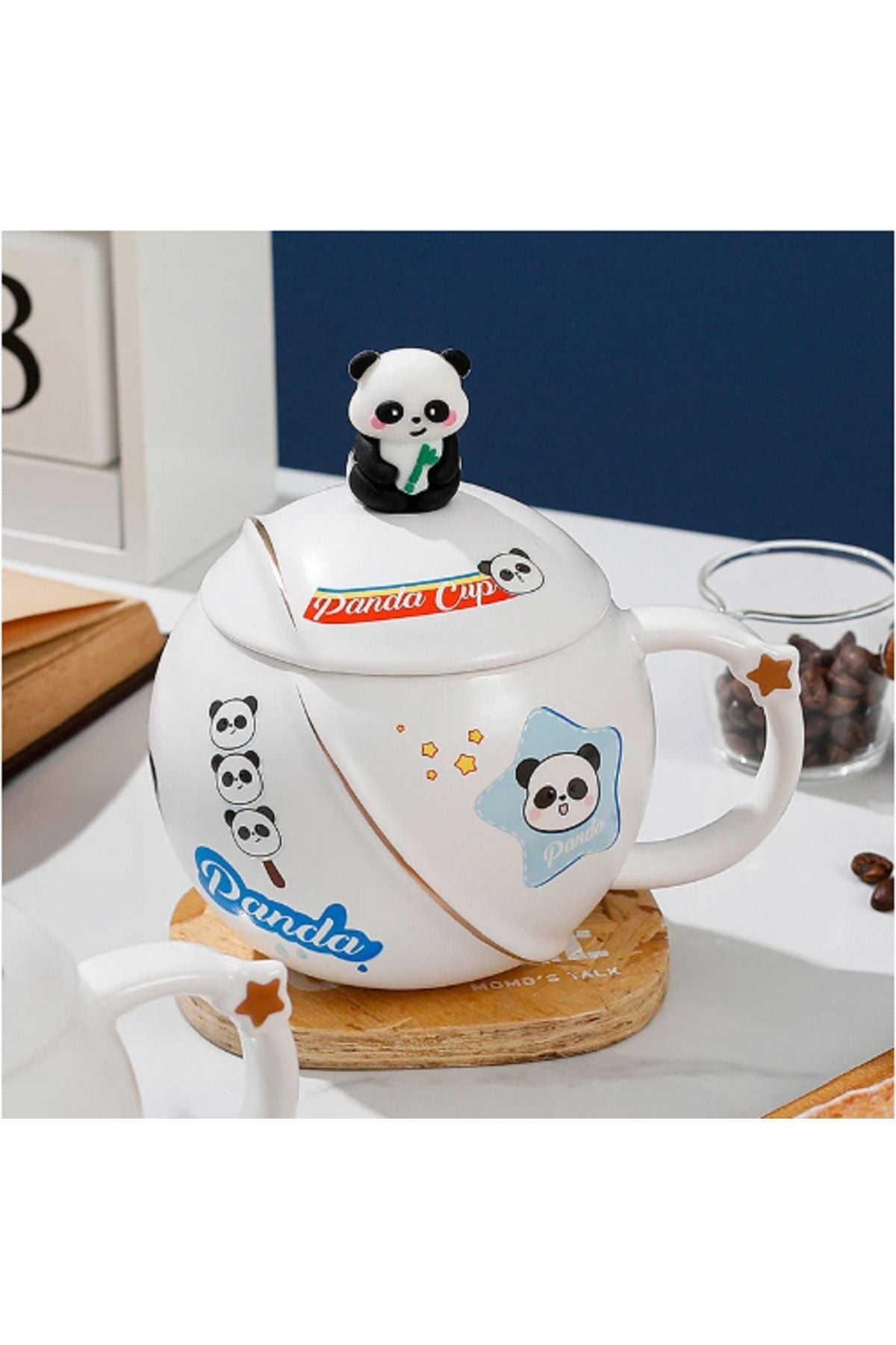 400ml Seramik Kapaklı Kaşıklı Panda Kupa Bardak Çay Kahve Bardağı Ofis Kupa Seti