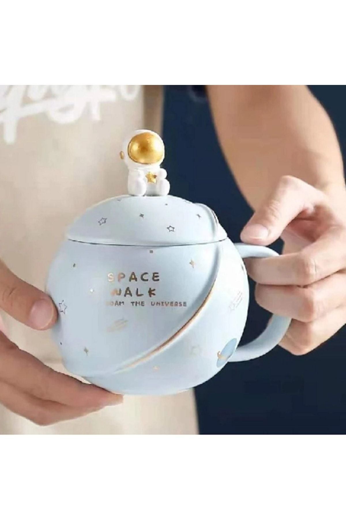 400ml Uzay Seramik Kaşıklı Fincan Kapak Sevimli Astronot Kupa