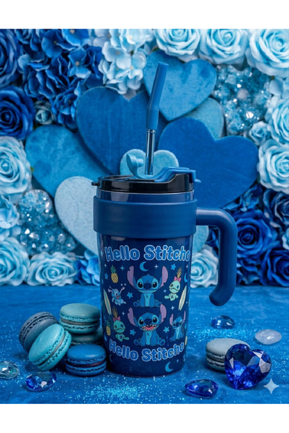 Pipetli Çelik Termos Bardak 900ml - Hello Kitty, Pikachu, Stitch Tasarımlı Sızdırmaz Mug Kupa Matara