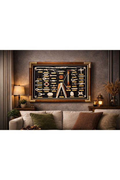 El Yapımı Denizcilik Düğümleri Tablosu – Ahşap Çerçeveli Nautical Dekoratif Duvar Panosu (73×43 cm)