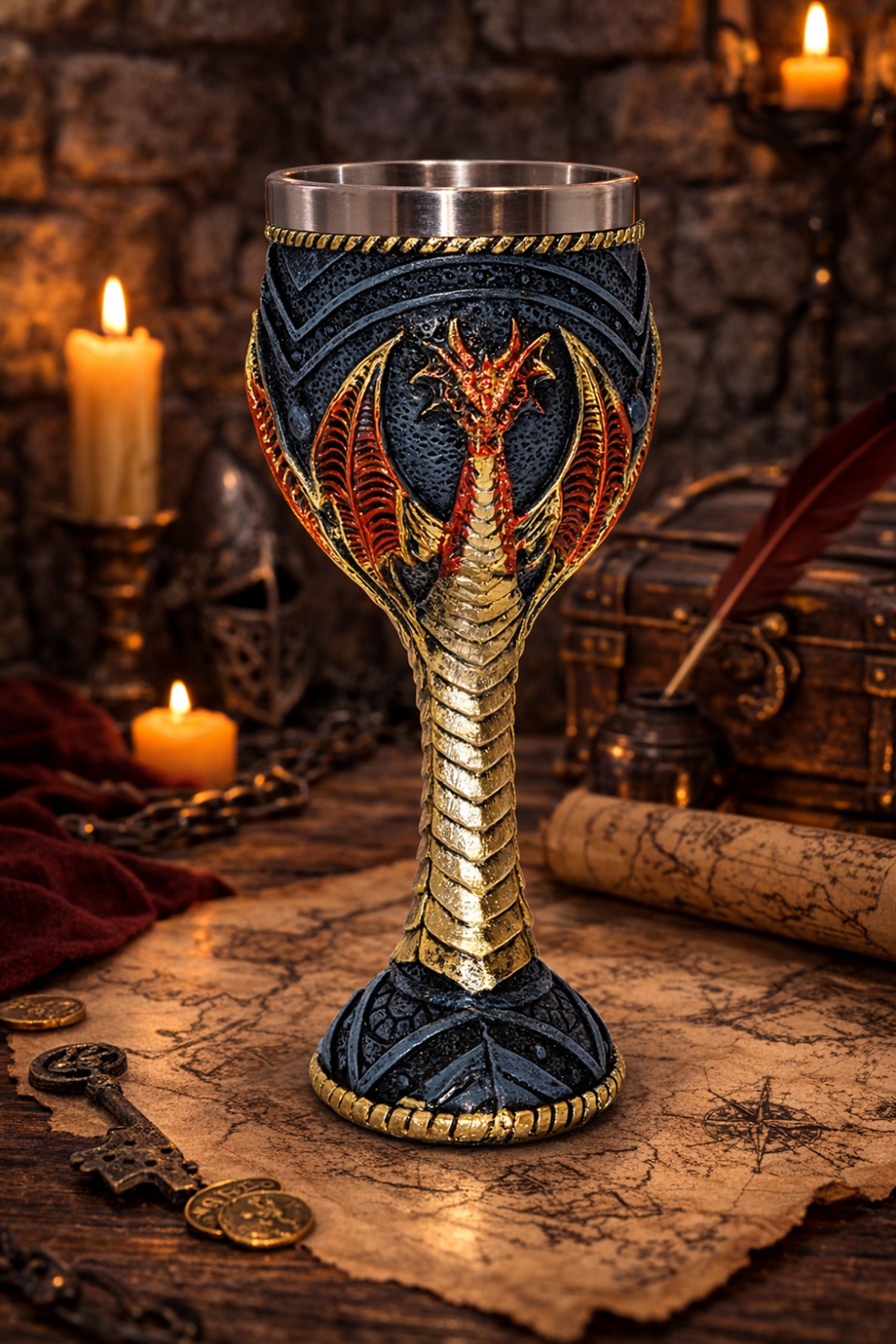 Orta Çağ Ejderha Figürlü 3D Kabartmalı Dekoratif Kadeh Bardak Fantasy Tasarım Koleksiyon Kupası