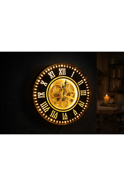 LED Işıklı Mekanizmalı Lüks Duvar Saati – Gold Detaylı Vintage Tasarım