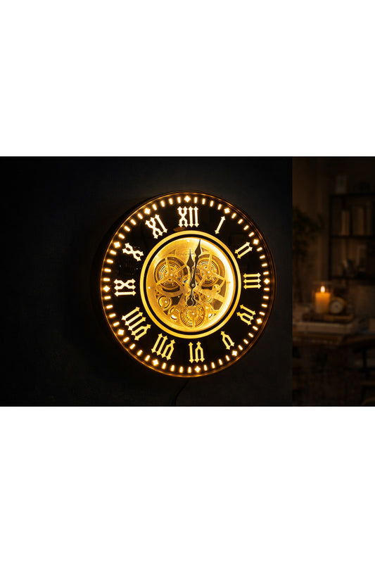 LED Işıklı Mekanizmalı Lüks Duvar Saati – Gold Detaylı Vintage Tasarım