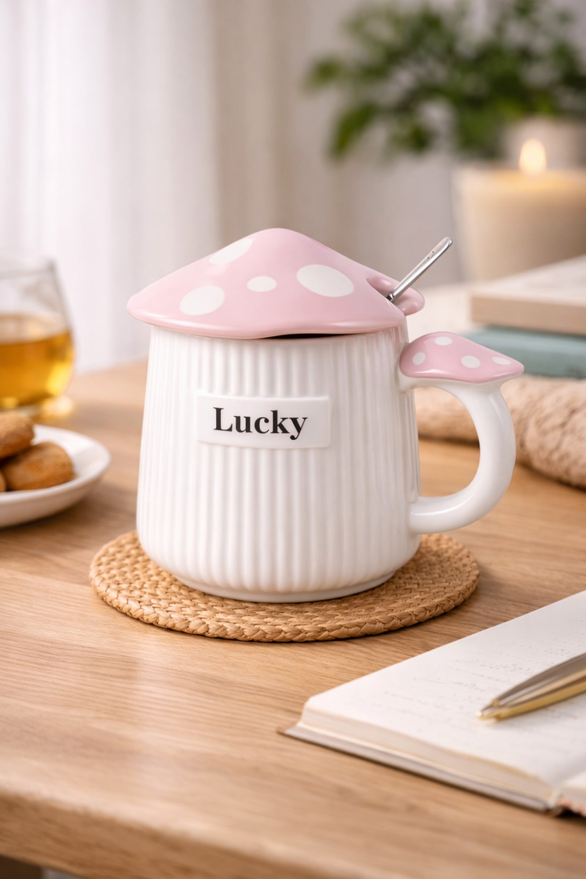 500ml Lucky Mantar Tasarımlı Kapaklı Seramik Kupa – Kaşıklı Mavi Dekoratif Kahve Kupası