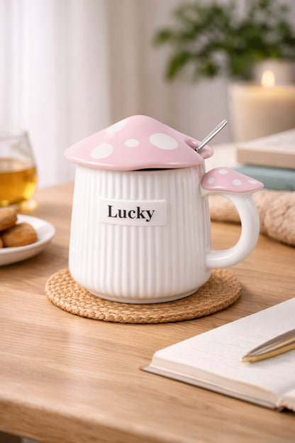 500ml Lucky Mantar Tasarımlı Kapaklı Seramik Kupa – Kaşıklı Mavi Dekoratif Kahve Kupası