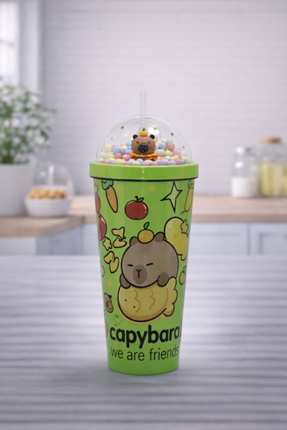550 ml Capybara Figürlü Pipetli Çocuk Termos Bardak Boncuklu Kubbe Kapaklı Sevimli Matara