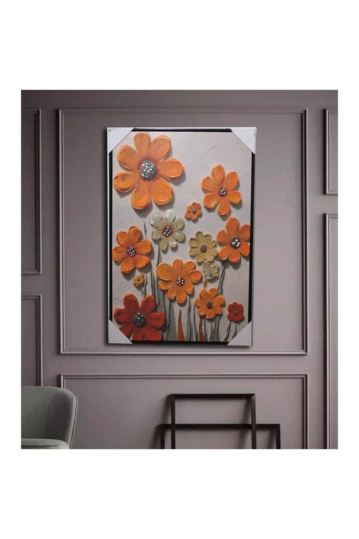 Retro Renk Vintage Duvara Asmalı Papatya Çiçekli Yağlı Boya Tablo 90x60