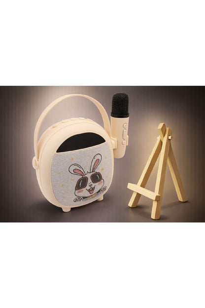 Çocuk Karaoke Mikrofon Seti Bluetooth Hoparlör Ahşap Tripod Telefon Standlı Retro Beyaz Karaoke