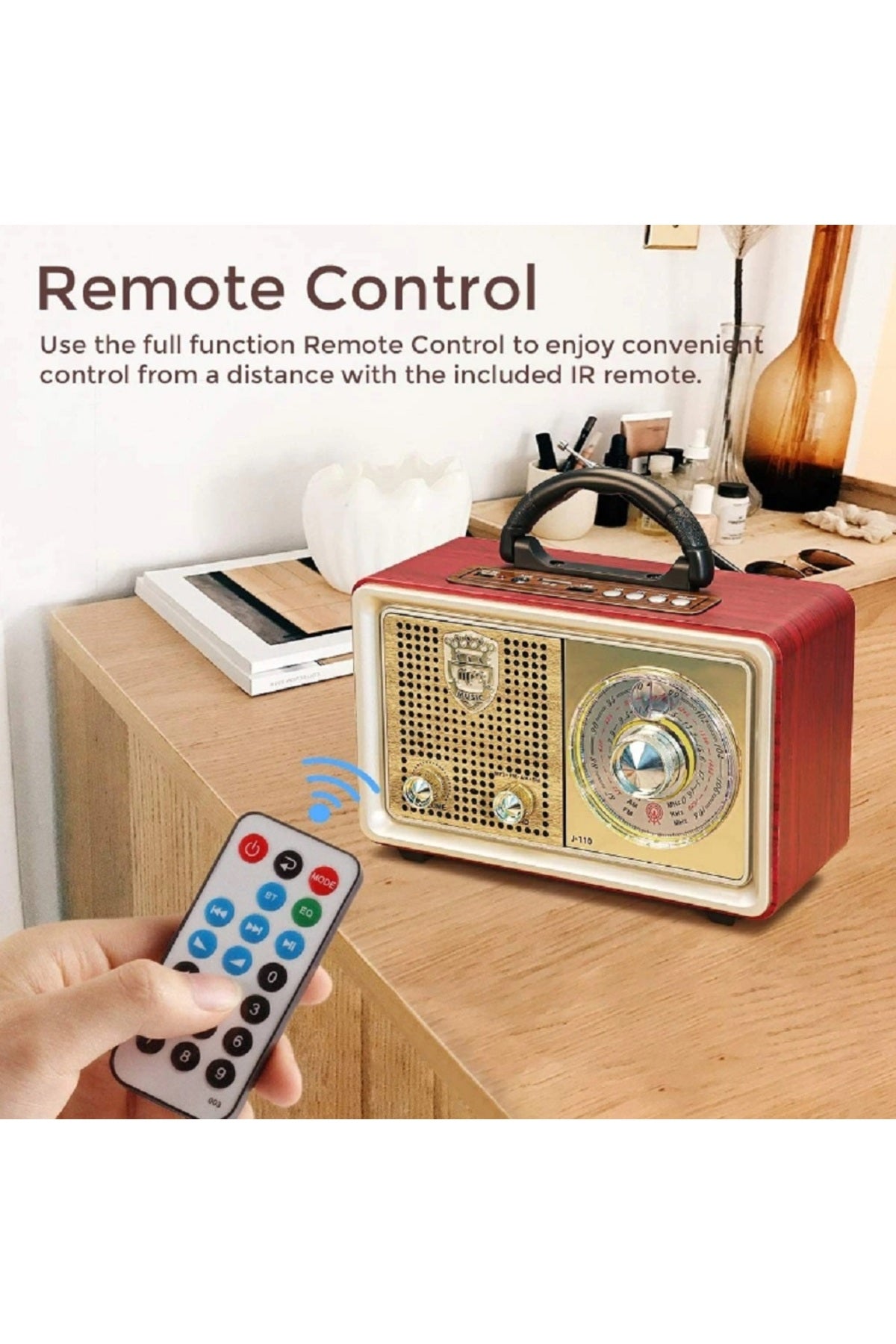 Kablosuz Taşınabilir Hoparlör Ahşap Retro Bluetooth Hoparlör Uzaktan Kumanda 3 Bant Radyo Desteği