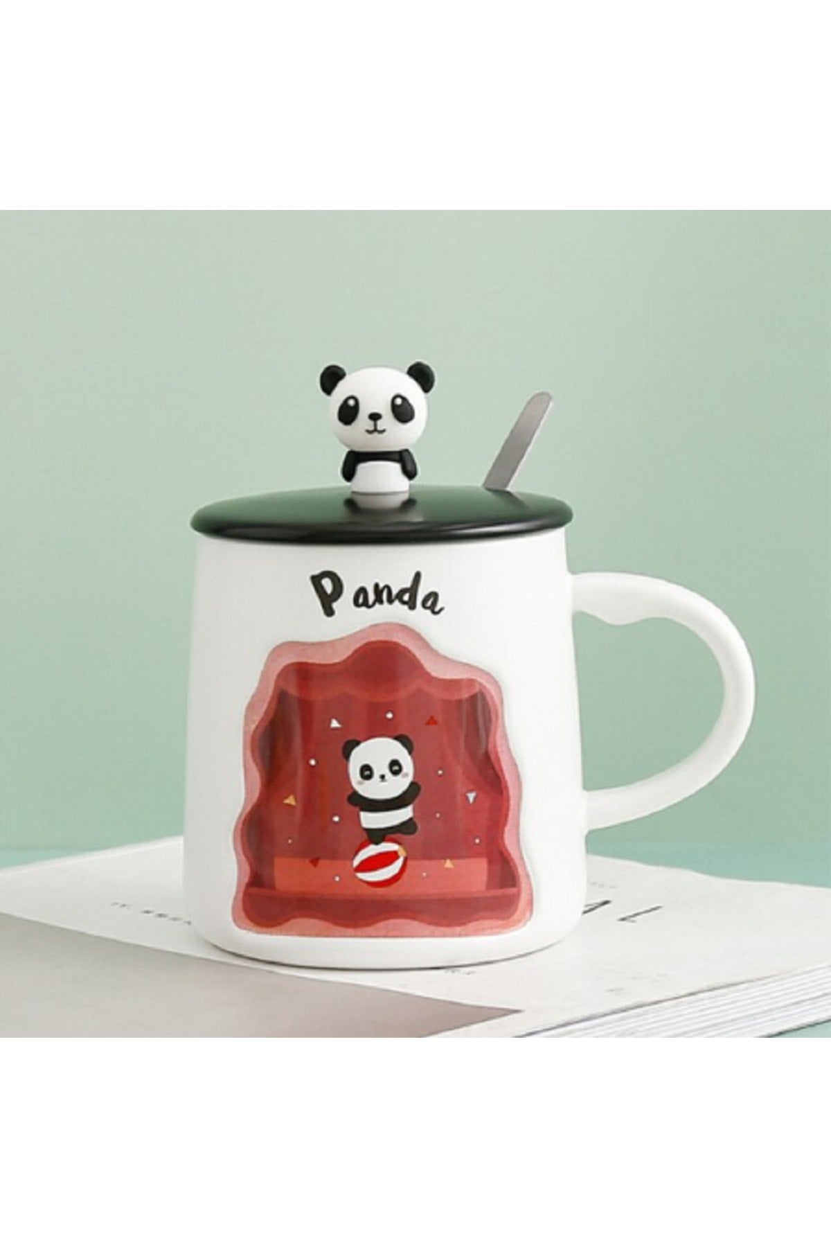 400ml Sevimli Panda Kapaklı Kaşıklı Kupa Bardak