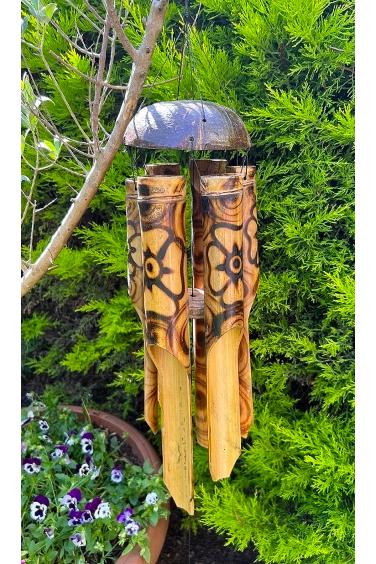 Hindistan Cevizi Kabuğu Ve Bambu Çubuklardan El Yapımı Rüzgar Çanı (40cm)