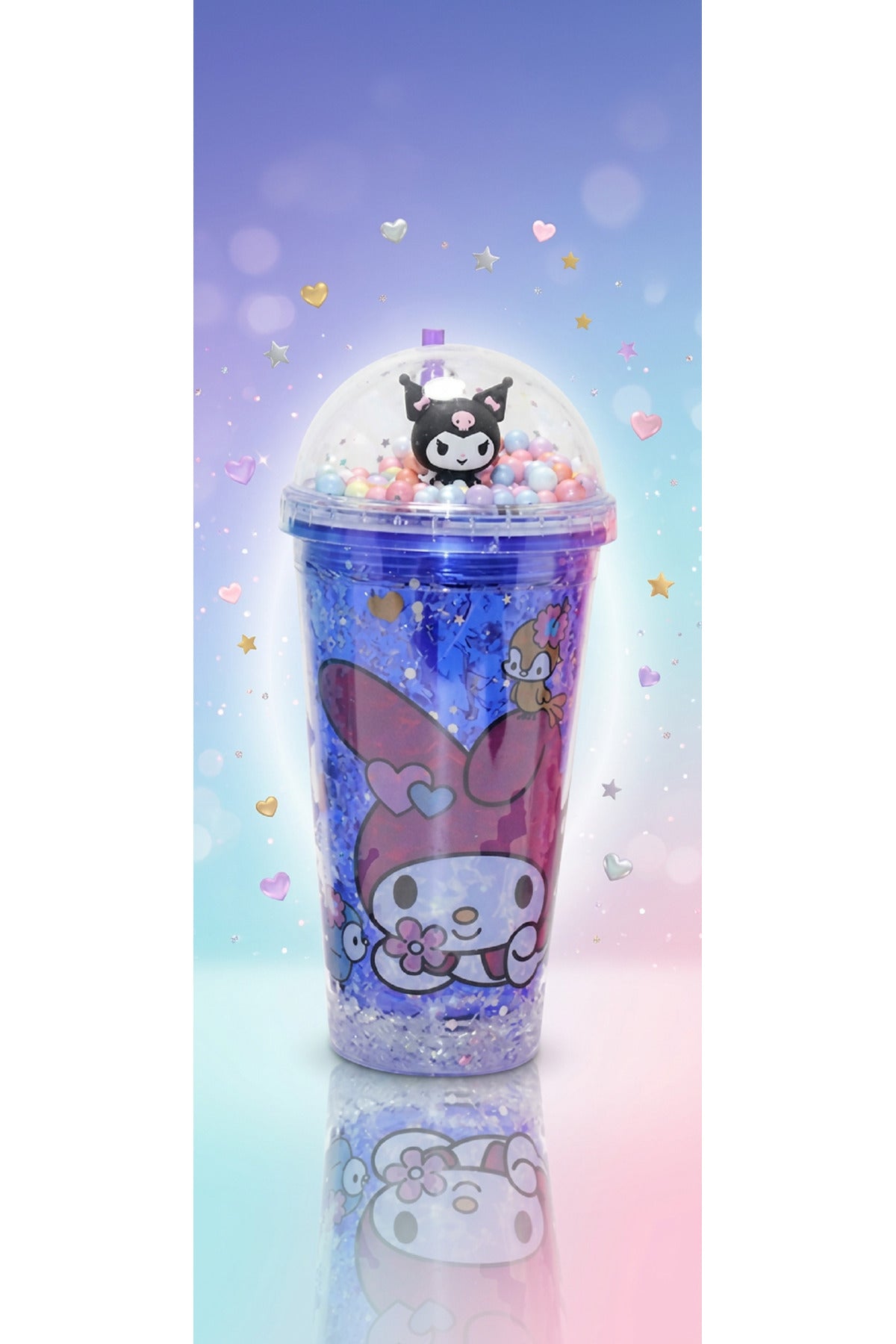 400Ml My Melody & Kuromi Figürlü Simli Pipetli Bardak – Kawaii Tasarım Kapaklı İçecek Bardağı