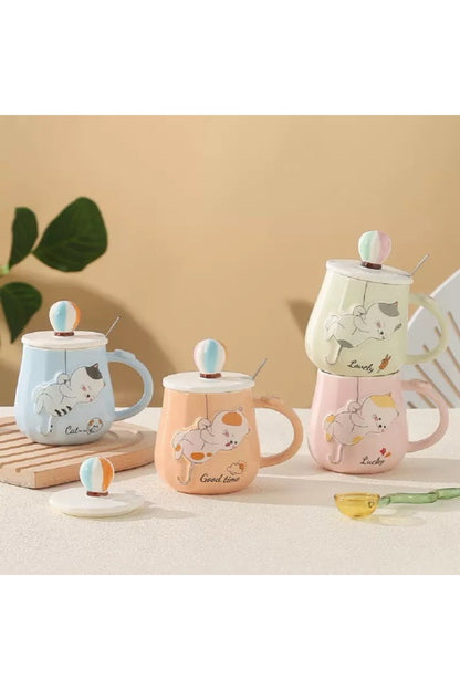 500 ML Kapaklı Kaşıklı Sevimli Kedi Seramik Kupa