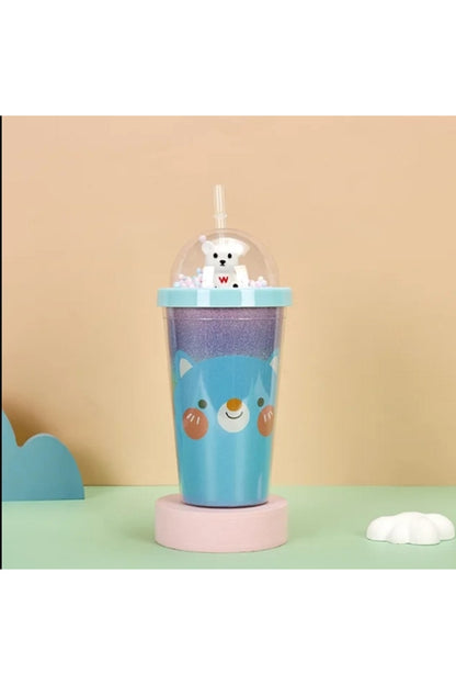 450ML Yeni Ayı Çift Tatmanlı Saman Plastik Bardak Yüksek Yaratıcı Karikatür Meşrubat Bardağı