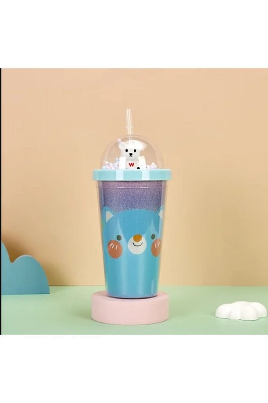 450ML Yeni Ayı Çift Tatmanlı Saman Plastik Bardak Yüksek Yaratıcı Karikatür Meşrubat Bardağı