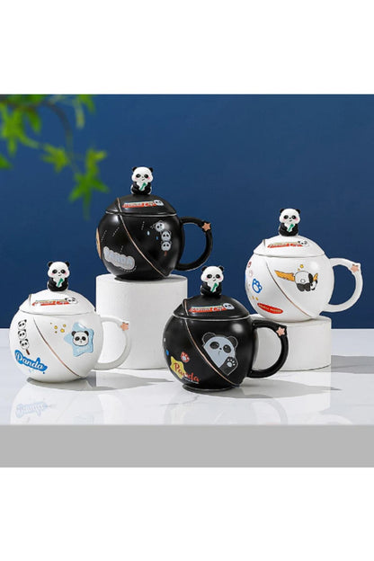400ml Seramik Kapaklı Kaşıklı Panda Kupa Bardak Çay Kahve Bardağı Ofis Kupa Seti