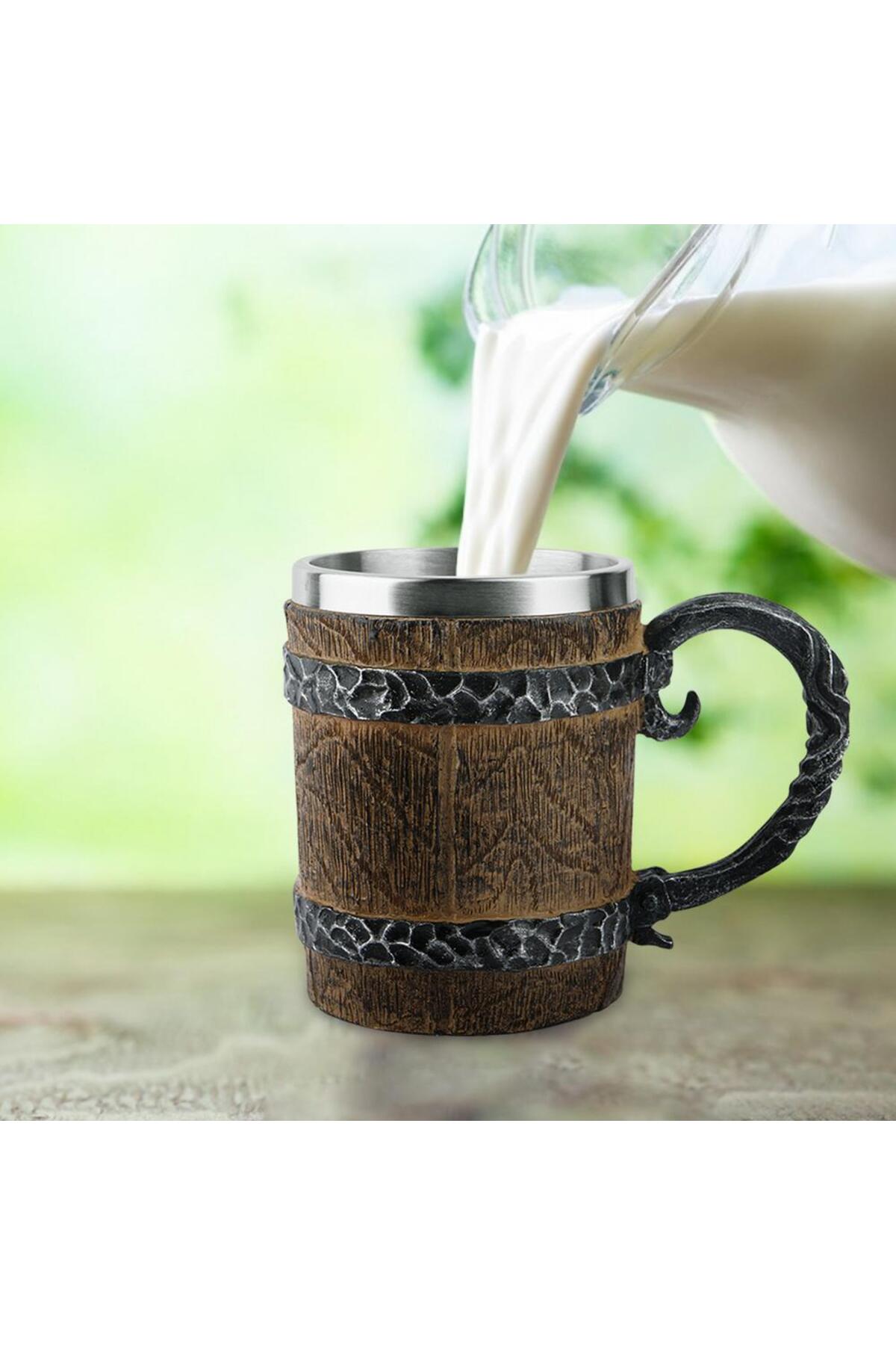 Viking Ahşap Tarzı Vintage 450ml Kabartmalı Kupa Bardak