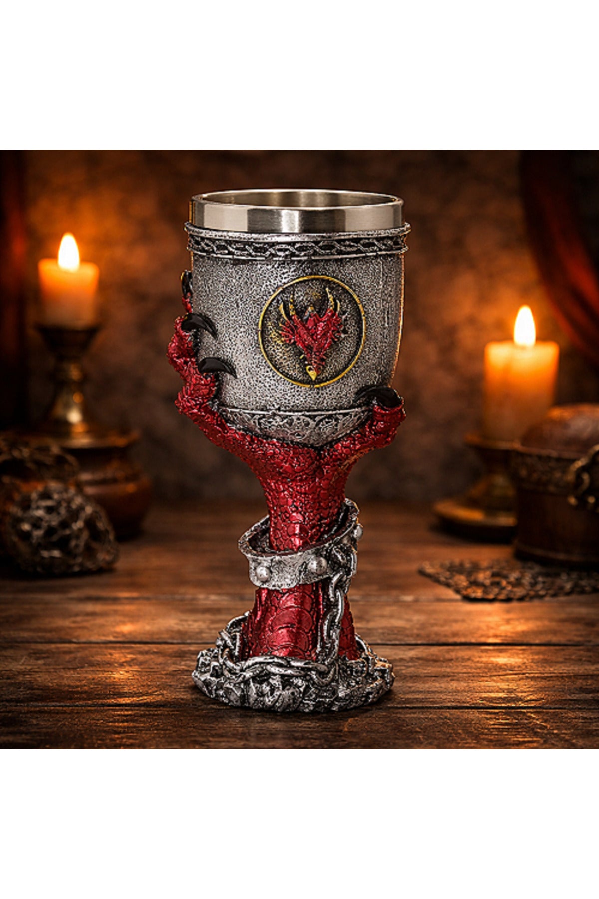 Orta Çağ Ejderha Pençesi Tasarımlı 3D Kabartmalı Fantasy Kadeh Bardak Metal İç Hazneli Dekoratif