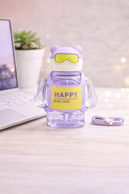 Sevimli Ayıcık Tasarımlı Pipetli Suluk Matara Çocuk Tritan Şişe Askılı Kawaii Model
