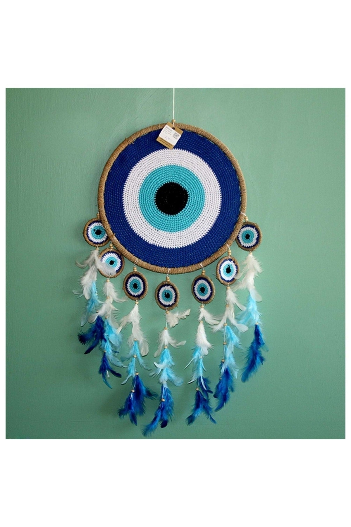 Natürel Hasır Kasnaklı Tüylü Otrişli Nazarlık Şeklinde Rüya Kapanı / Dreamcatcher